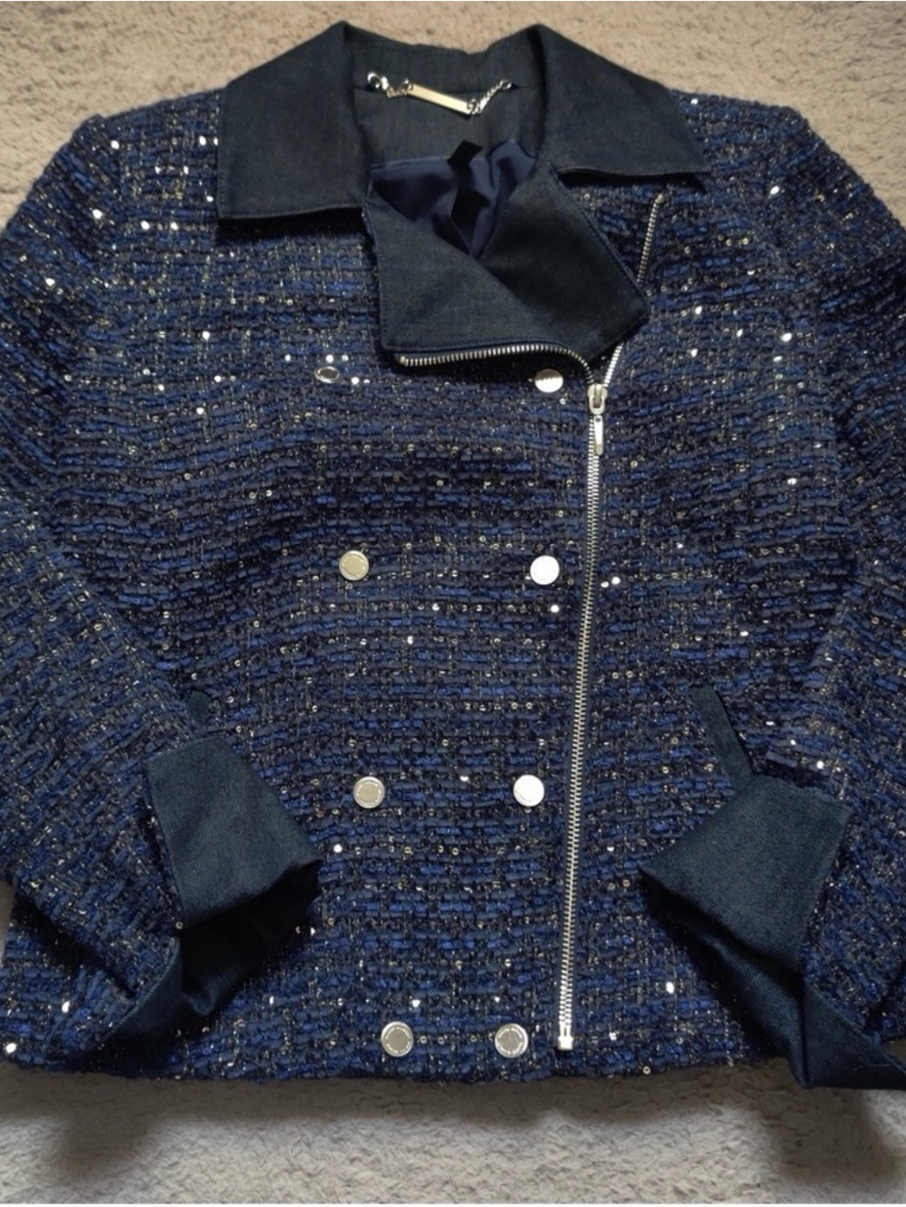 White House Black Market Navy Tweed Moto Blazer with bedazzles and dark denim